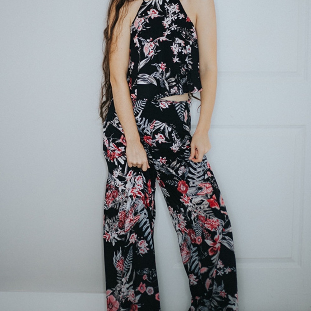 MIA- 2 PIECE BLACK FLORAL TOP/PANT SET